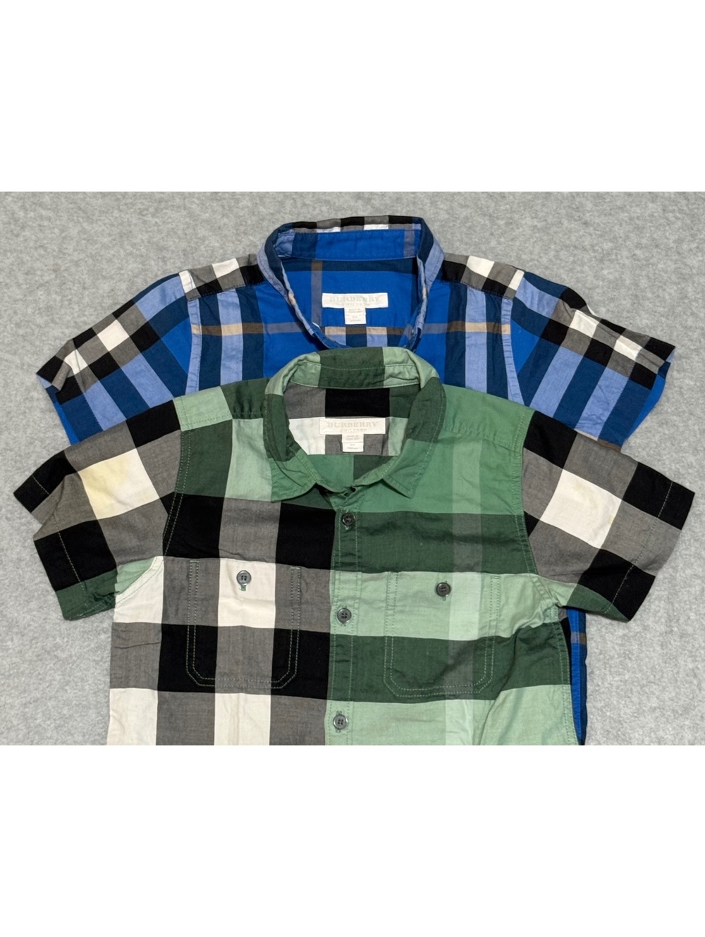 Lot of 2 Burberry London Boys Blue & Green Plaid Shirts Size 5Y Short Sleeve